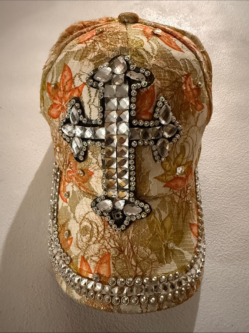 Embellished Floral Cross Baseball Cap - Beige/Orange